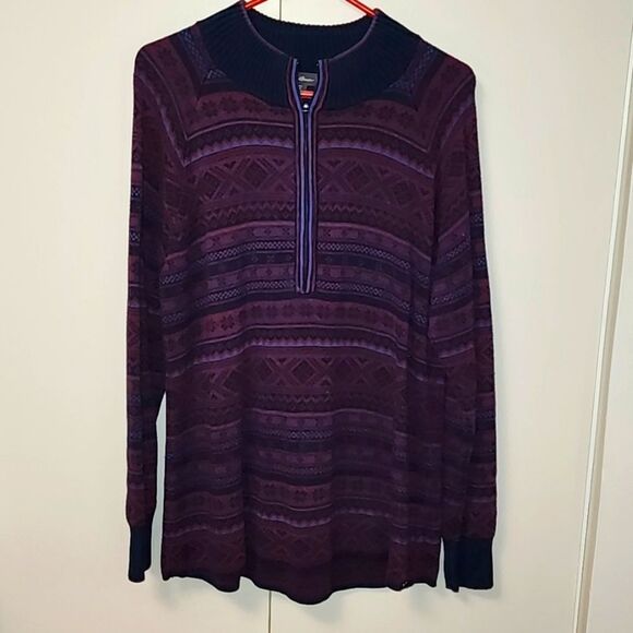 vntge Eddie Bauer men knitted fair isle 1/2 zip navy maroon sweater sz XL y2k - Picture 2 of 16